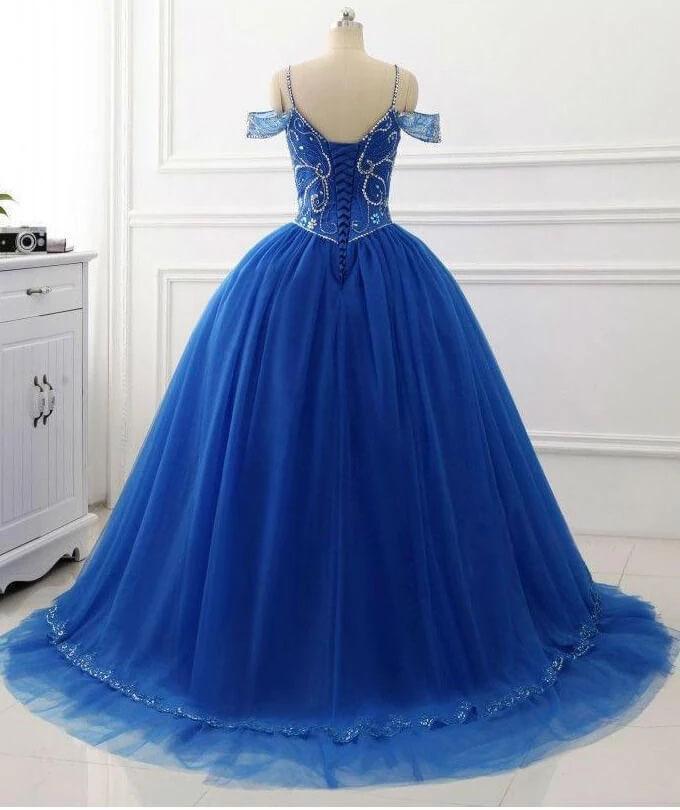 Ball Gown Off the Shoulder Royal Blue Quinceanera Dresses Beaded V Neck Prom Dresses P1092