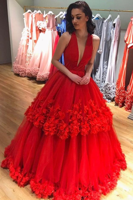 Ball Gown Red Deep V Neck Tulle Prom Dresses Long Appliques Quinceanera Dresses WK714