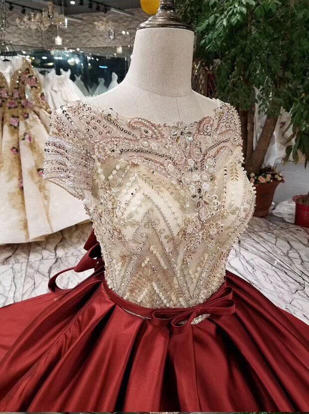 Ball Gown Scoop Burgundy Prom Dresses Short Sleeves Beads Lace up Quinceanera Dresses P1062
