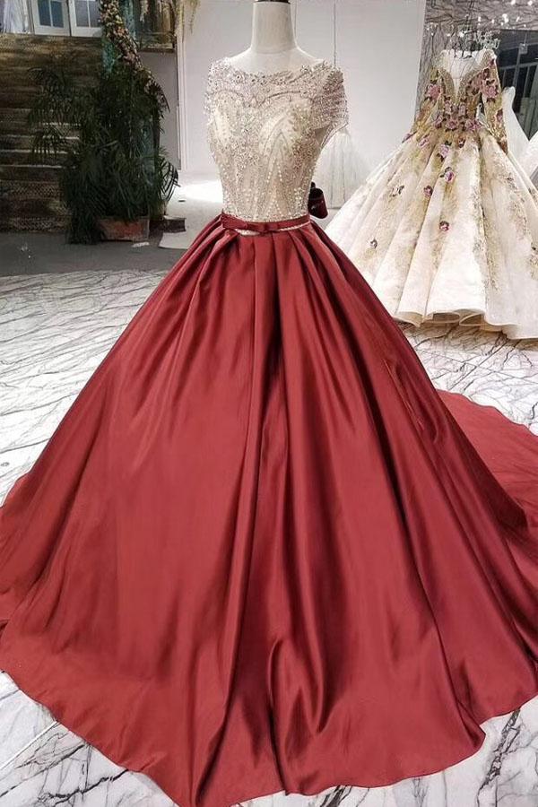 Ball Gown Scoop Burgundy Prom Dresses Short Sleeves Beads Lace up Quinceanera Dresses P1062