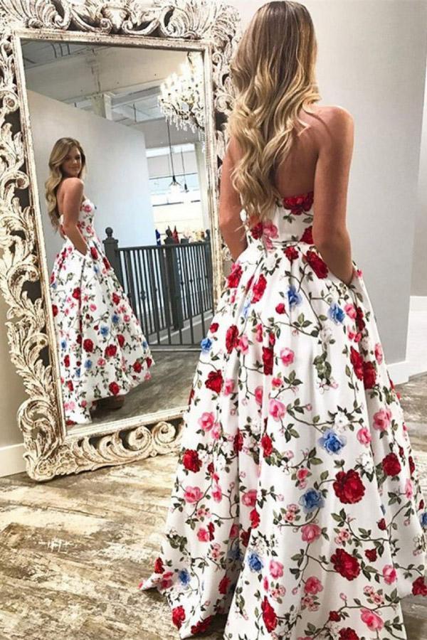 Ball Gown Strapless White Floral Print Prom Dresses with Pockets Dance Dresses WK724