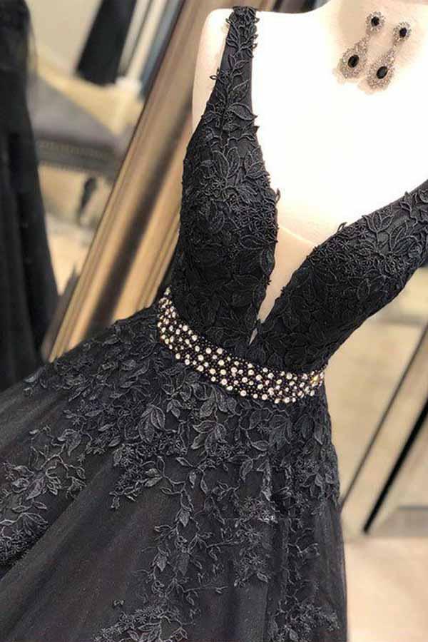 Ball Gown Straps Black V Neck Lace Appliques Prom Dresses Beads V Back Dance Dress WK709