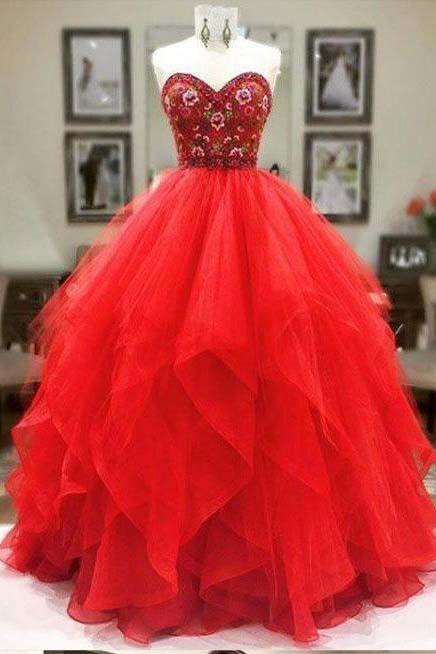 Ball Gown Sweetheart Strapless Embroidery Red Prom Dresses Long Party Dresses WK364