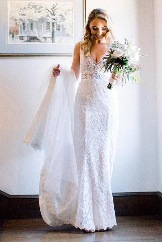 Beauty V Neck Long Lace Beach Wedding Dresses Ivory Mermaid Backless Bridal Dress W1008