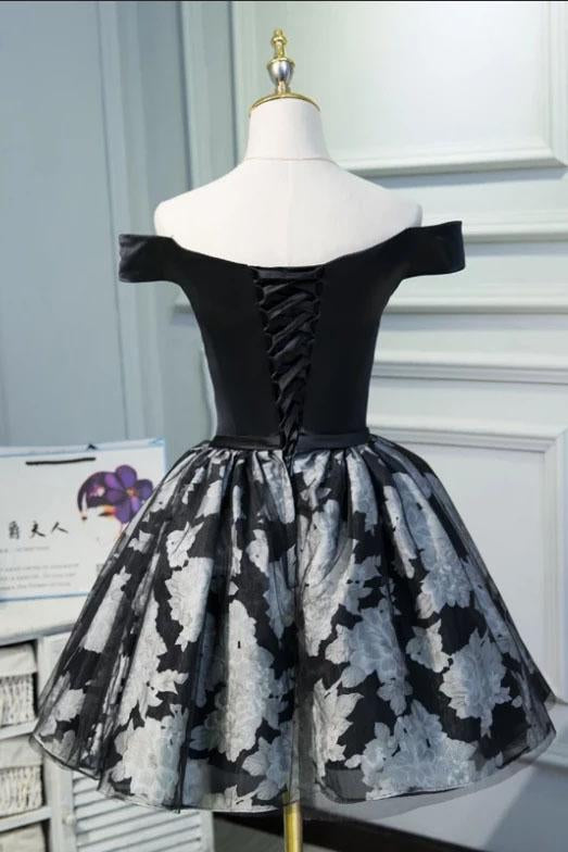 Black Satin Off the Shoulder Cute Homecoming Dresses Short Prom Dress Hoco Gowns H1337