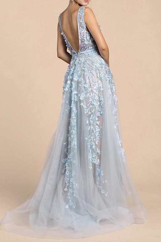 Blue Deep V Neck Backless Prom Dresses Long Lace Appliques Tulle Formal Dresses WK521