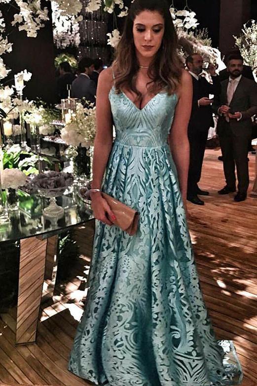 Blue Lace Spaghetti Straps Long Prom Dresses V Neck Sleeveless Evening Dresses WK522