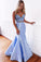 Blue Mermaid Two Piece Satin Lace up Long Prom Dresses V Neck Party Dresses WK638