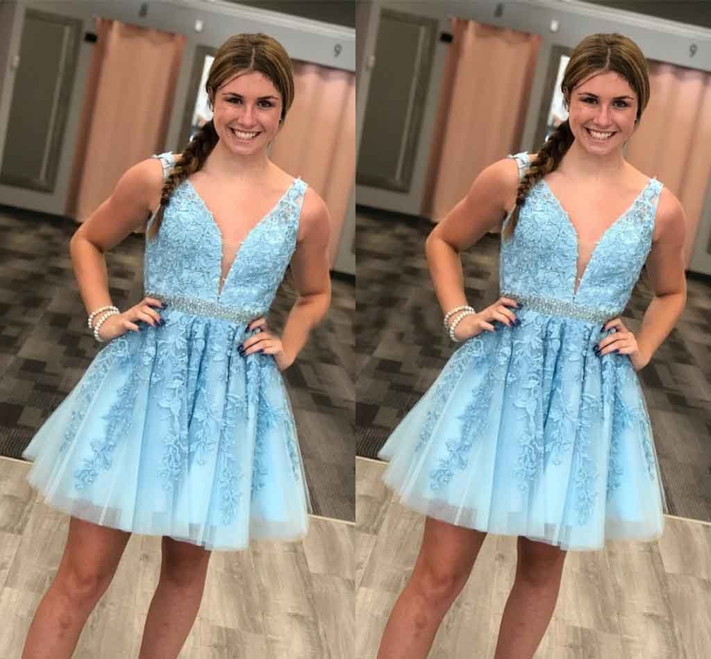 Blue Tulle V Neck Above Knee Beads Lace Appliques Short Homecoming Dresses WK763