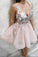 Blush Pink Deep V Neck Appliques Short Prom Dresses Above Knee Homecoming Dress WK954