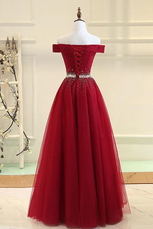 Burgundy A line Off the shoulder Sweetheart Prom Dresses Beads Evening Dresses WK586