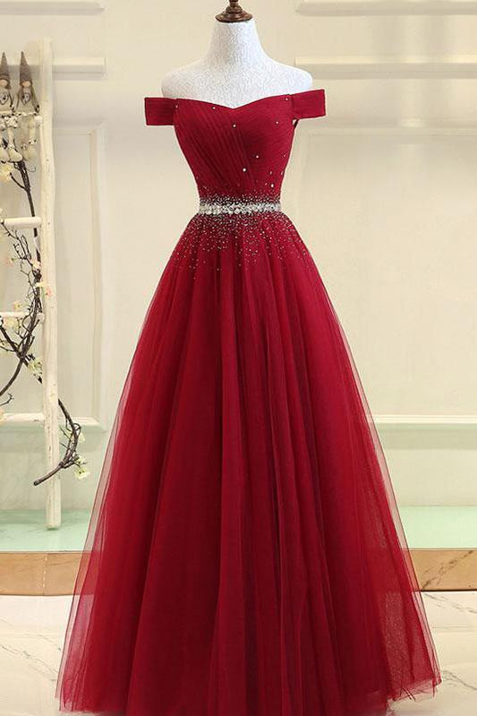 Burgundy A line Off the shoulder Sweetheart Prom Dresses Beads Evening Dresses WK586