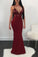Burgundy Mermaid V Neck Satin Prom Dresses Sequin Spaghetti Straps Formal Dress WK356