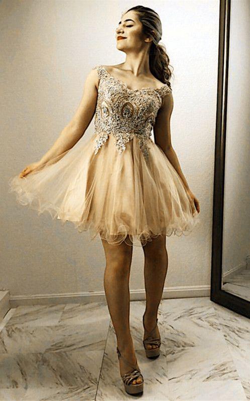 A Line Gold Lace Embroidery Organza Ruffles Off Shoulder Beads Homecoming Dresses WK761