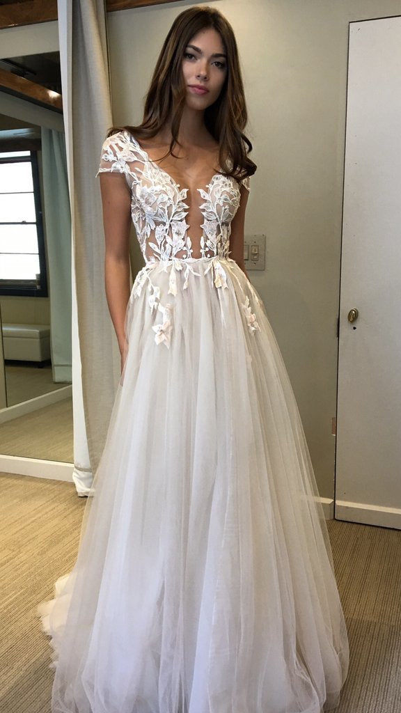 Cap Sleeve Deep V Neck Prom Dress with Appliques Backless Split Wedding Dresses WK634