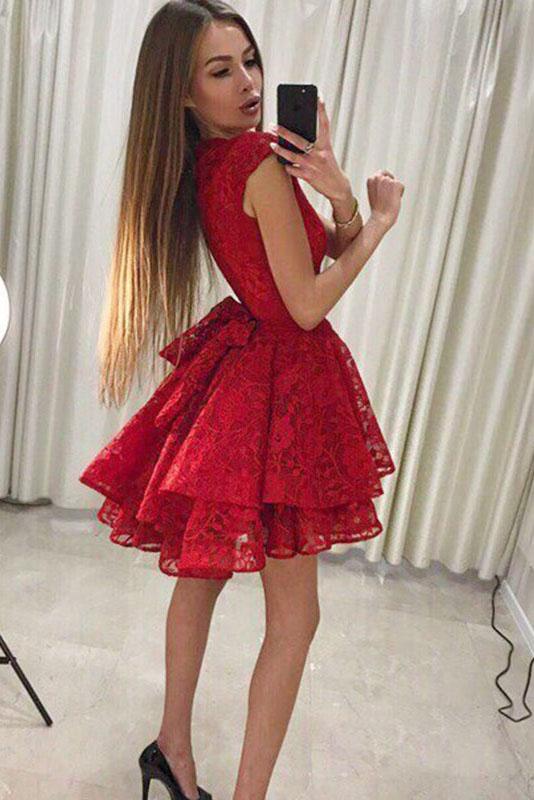 Cap Sleeve Red Lace Above Knee Scoop Homecoming Dresses Graduation Dresses H1235