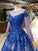 Charming Long Sleeve Round Neck Tulle Blue Beads Ball Gown Prom Dresses with Lace up P1089