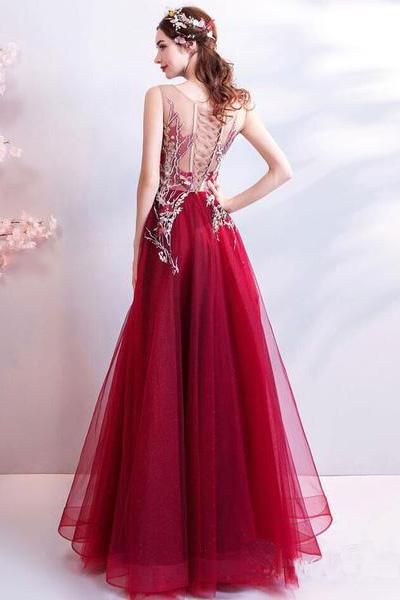 Cheap Burgundy Long Prom Dresses Lace Applique Military Ball Gown Formal Dress WK424