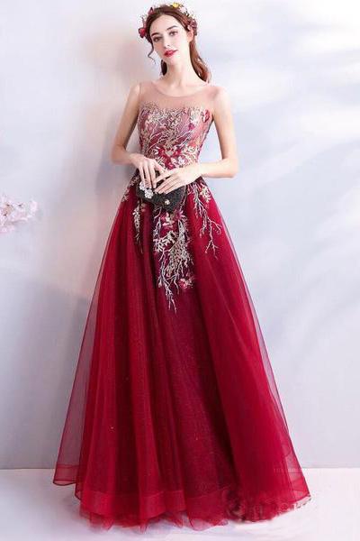 Cheap Burgundy Long Prom Dresses Lace Applique Military Ball Gown Formal Dress WK424