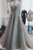 Chic A Line Silver Tulle Prom Dresses V Neck Lace Appliques Long Formal Dresses WK978