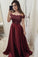 Chic Burgundy Off the Shoulder Floor Length Satin Lace Prom Dresses with Beads PW629