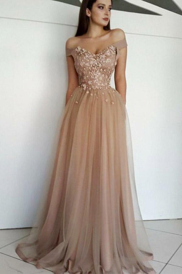 Chic Off the Shoulder Tulle Prom Dresses with Beads Long Sweetheart Evening Dress WK639