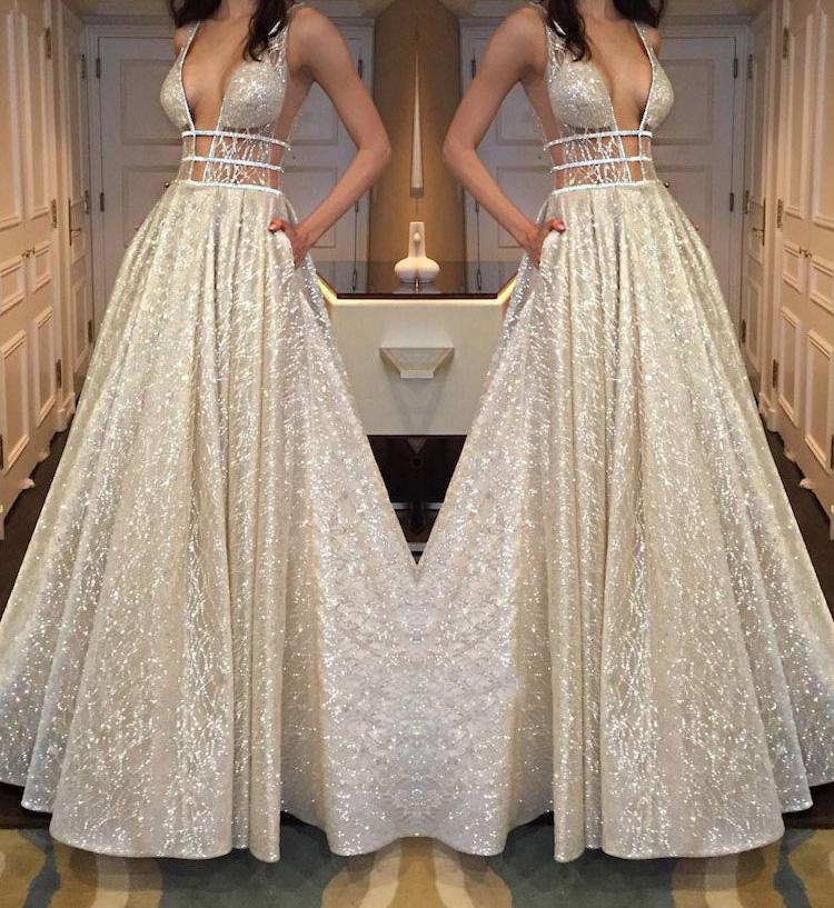 Chic Sparkly Deep V Neck Straps Wedding Dress Sequin Long Prom Dresses WK781