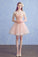 Cute A Line Half Sleeve Pink Round Neck Tulle Homecoming Dresses with Lace Prom Dress WK823
