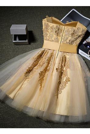 Cute Gold Strapless Mini Homecoming Dresses with Appliques Sweetheart Cocktail Dress WK941