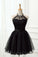 Cute Halter Black Tulle Sleeveless Beads Short Prom Dresses Homecoming Dresses P1078