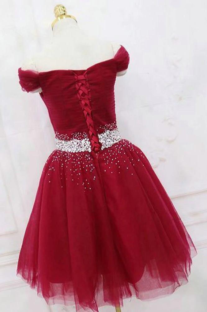 Cute Off the Shoulder Burgundy Homecoming Dresses with Tulle Short Cocktail Dresses H1088