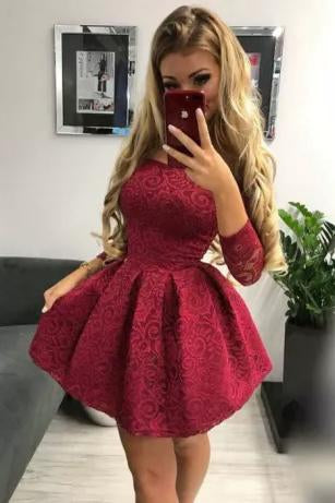 Cute Off the Shoulder Long Sleeves Burgundy Lace Homecoming Dresses Sweet 16 Dresses H1339