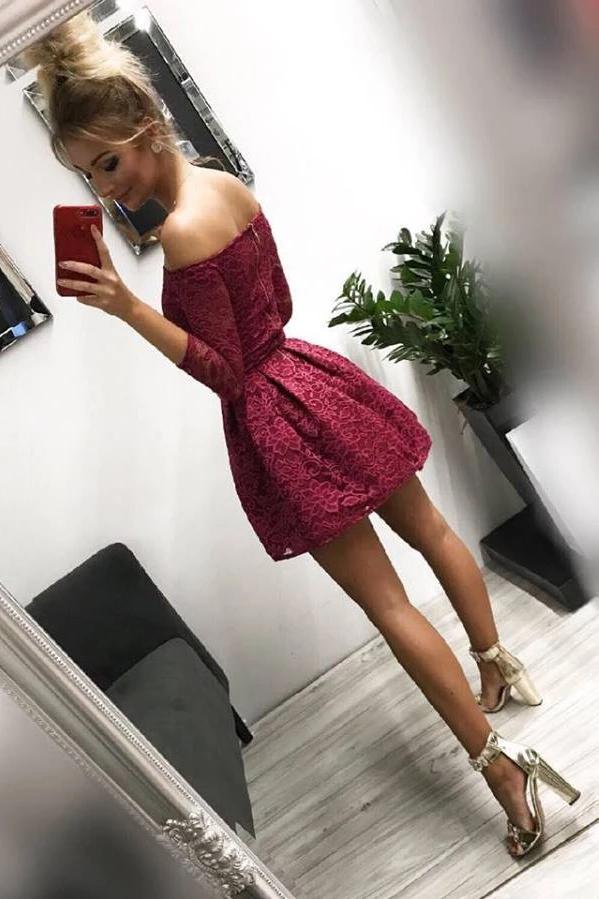 Cute Off the Shoulder Long Sleeves Burgundy Lace Homecoming Dresses Sweet 16 Dresses H1339