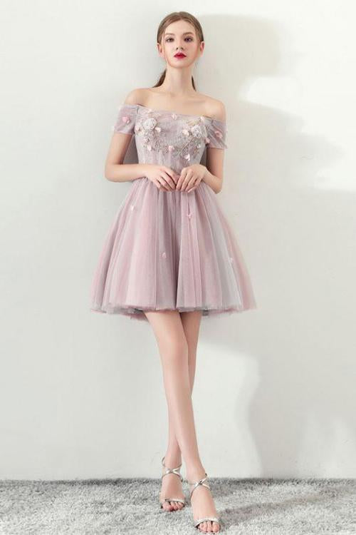 Cute Off the Shoulder Short Sleeve Tulle Above Knee Homecoming Dresses WK821
