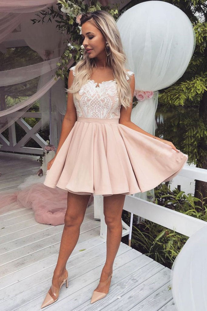 Cute Pink Lace Satin Above Knee Homecoming Dresses Sweet 16 Dresses H1047