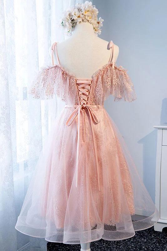 Cute Pink Spaghetti Straps Tea Length Tulle Sweetheart Homecoming Dresses with Belt H1244