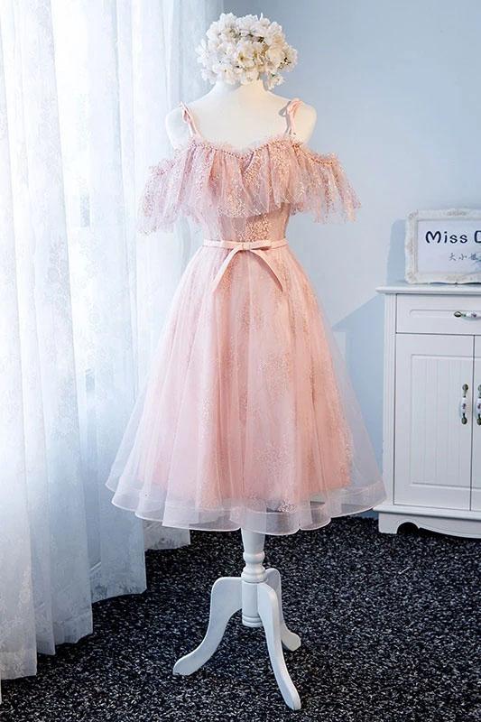 Cute Pink Spaghetti Straps Tea Length Tulle Sweetheart Homecoming Dresses with Belt H1244