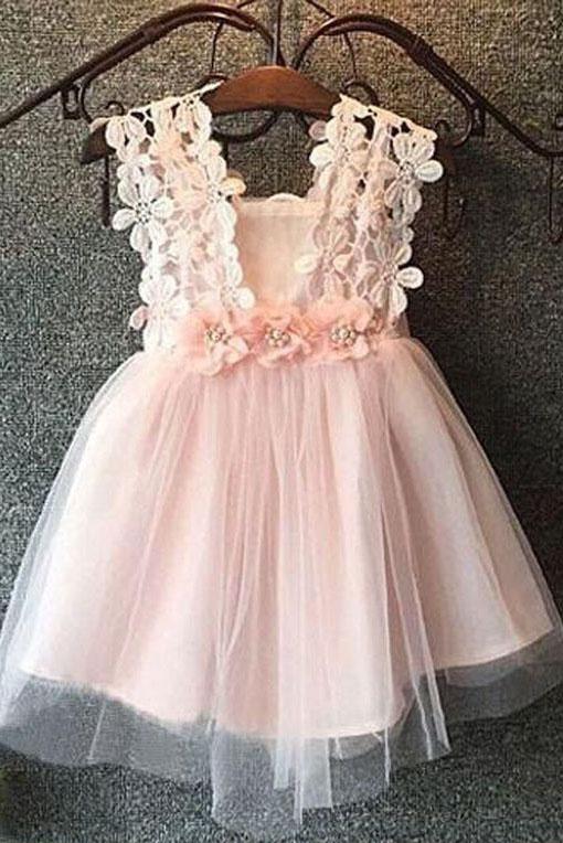 Cute Pink Tulle Bow Lace Beads Cap Sleeve Flower Girl Dresses Wedding Party Dress FG1003