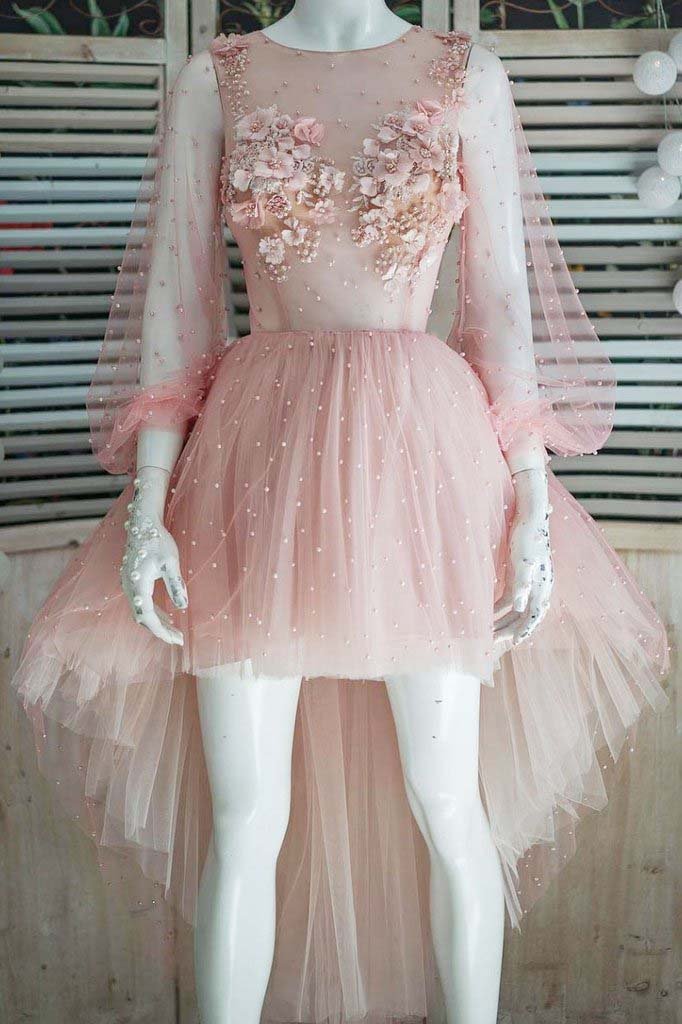 Cute Pink Tulle High Low Long Sleeve Short Prom Dress Homecoming Dresses with Flowers H1052