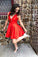 Cute Red A Line Satin V Neck Straps Short Prom Dresses Hoco Dresses H1221