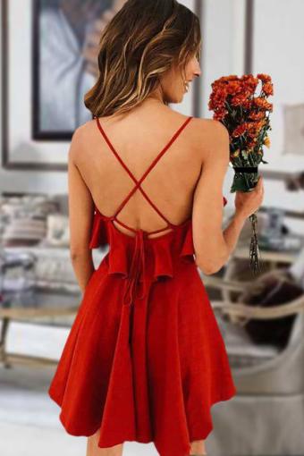 Cute Red Spaghetti Straps V Neck Criss Cross Chiffon Above Knee Homecoming Dresses H1265