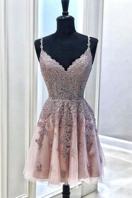 Cute Spaghetti Straps Mude Pink V Neck Lace Appliques Homecoming Dresses with Tulle H1051