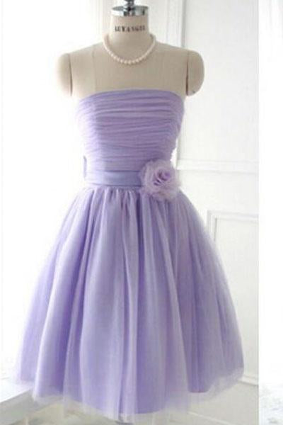 Cute Strapless Flower Lavender Chiffon Short Bridesmaid Dresses with Bow Prom Dresses WK962