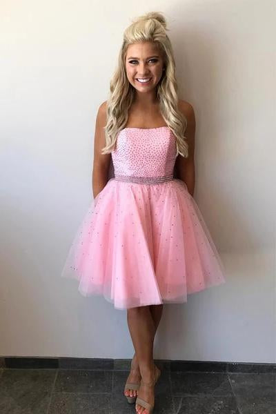 Cute Strapless Pink Tulle Beads Knee Length Short Prom Dresses Homecoming Dresses H1251