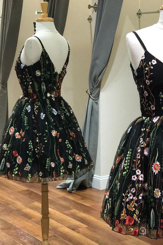 Cute Straps Black Embroidery Floral V Neck Short Homecoming Dress Short Prom Dress WK889