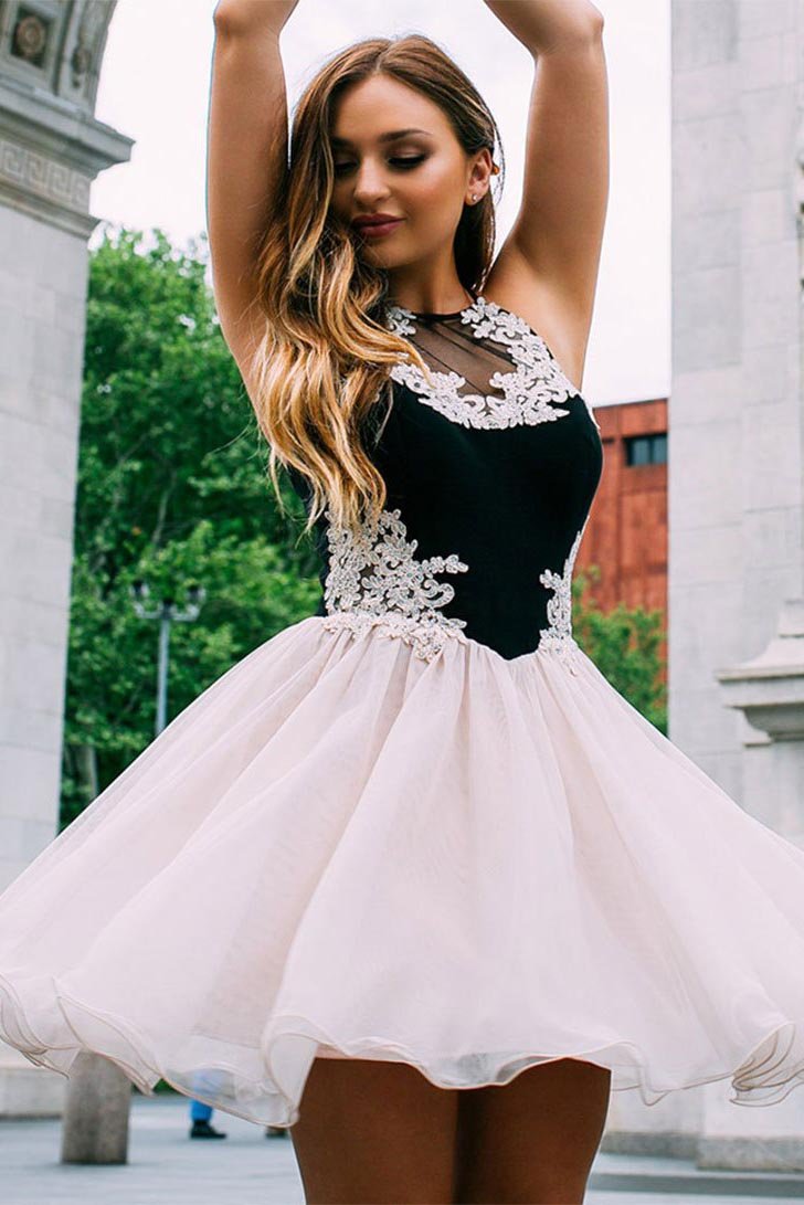 Cute Tulle Lace Short Prom Dresses Halter Pink and Black Homecoming Dresses H1175