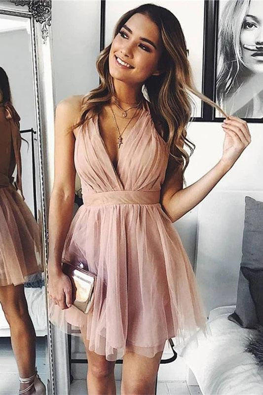 Cute V Neck Above Knee Pink Ruffles Tulle Short Prom Dresses Homecoming Dresses H1113