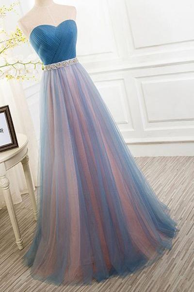Elegant Tulle Long Vintage Sleeveless Sweetheart Strapless Blue Lace-up Prom Dresses WK778