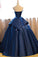 Dark Blue Ball Gown Satin Strapless Lace up Appliques Long Prom Quinceanera Dress WK602