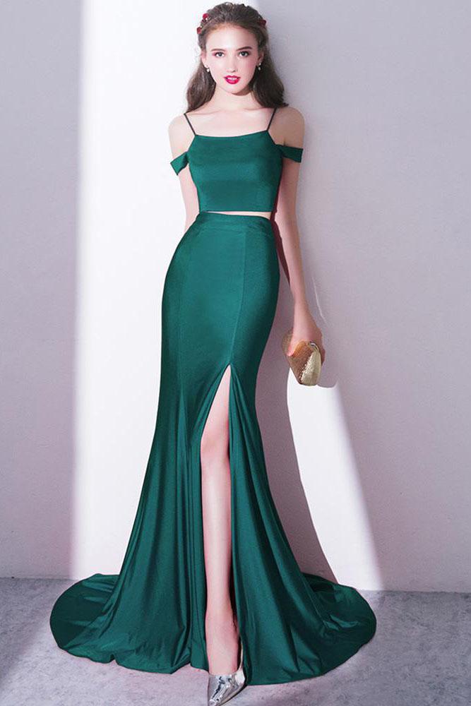 2024 Elegant Green Off Shoulder Two-Piece Slit Mermaid Bateau Prom Dresses WK390